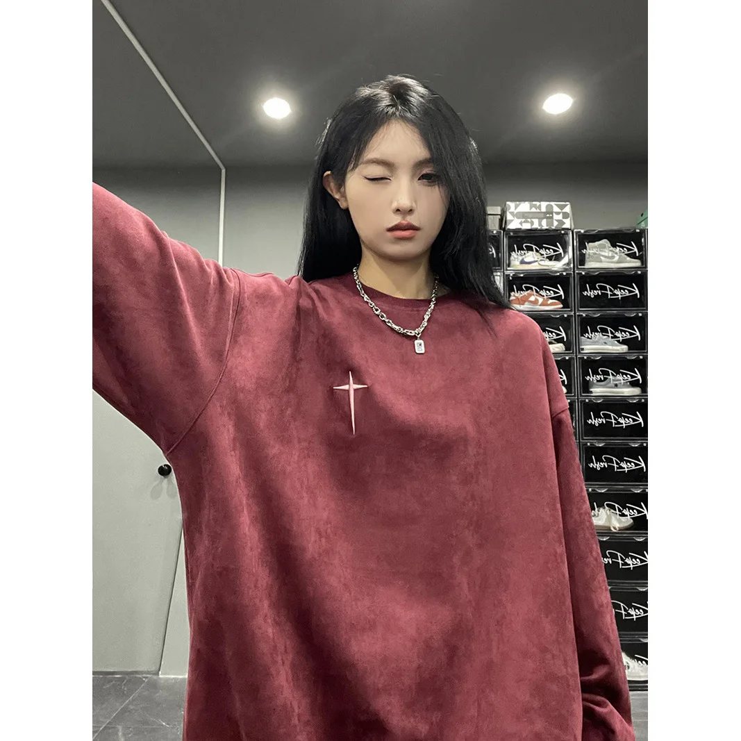 American Retro Round Neck Women's Hoodie Top Autumn Fashion Embroidered Letter Oversized Loose Pullover Sweatshirt Streetwear