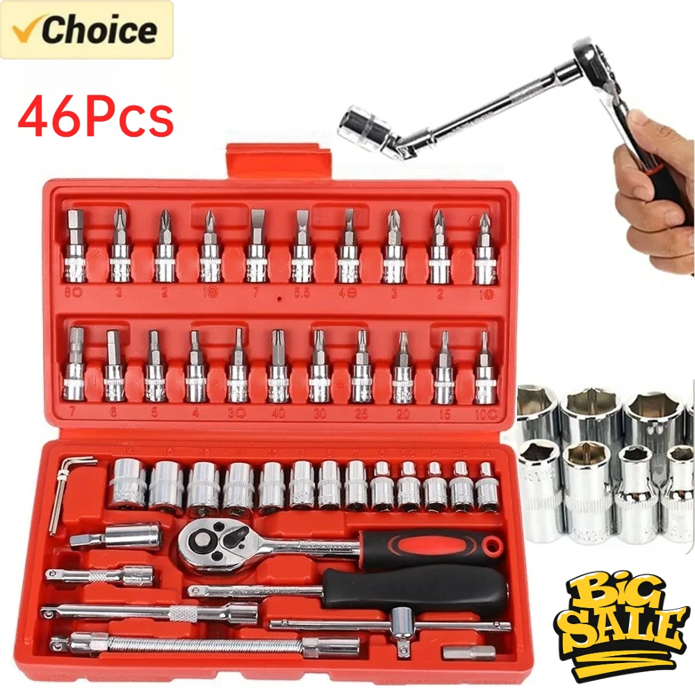 1Pc Krachtige 46 teile/satz Carbon Stahl Kombination Set 1/4 "Schraubenschlüssel Steckschlüssel Schraubendreher Haushalt Motorrad Auto Reparatur Werkzeug