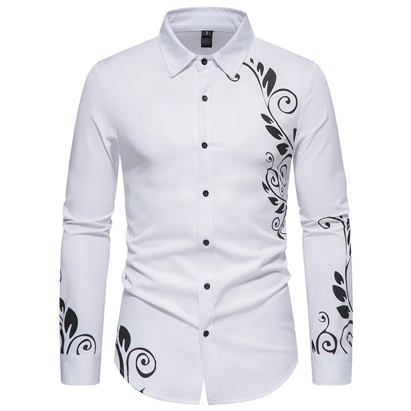 

Mens Casual Button Down Dress Shirts 2024 Brand White Bronzing Floral Print Shirt Men Party Business Wedding Prom Tuxedo Shirt