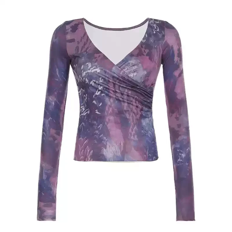 

Vintage Tie-dye Purple V-neck Top Women's Waist Bottom T-shirt