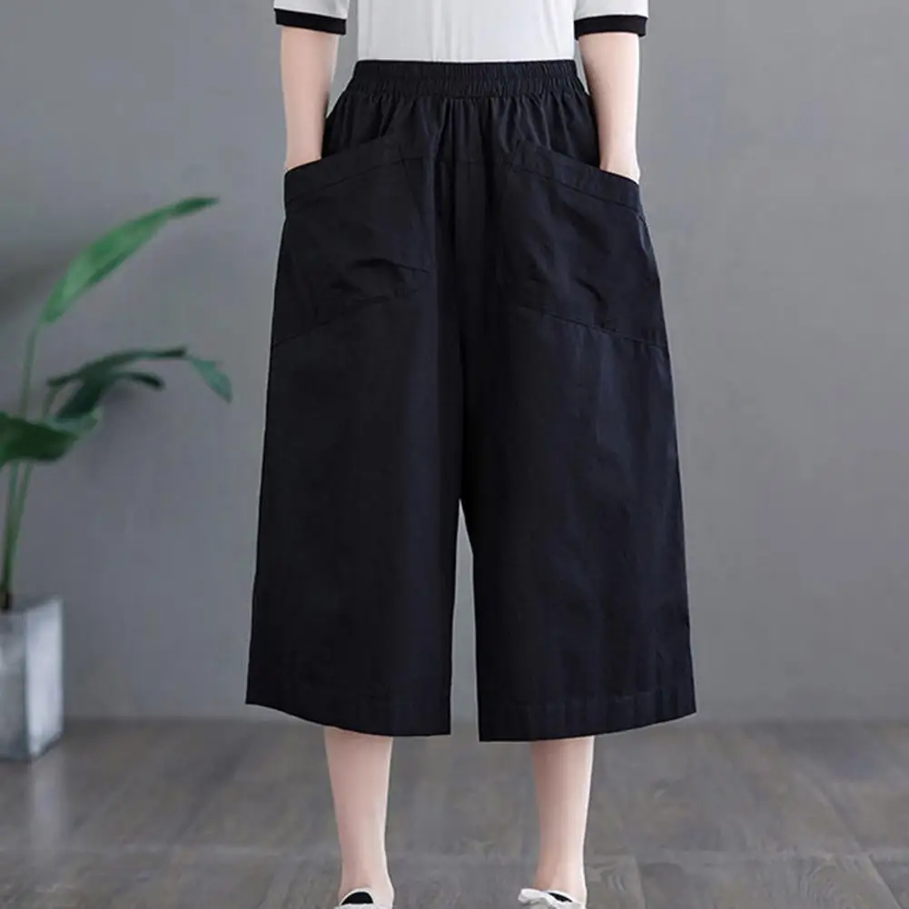 

Cropped Wide Leg Pants Stylish Wide Leg Cropped Pants with Pockets for Women Elastic Waist Work Pants Solid Color Loose Fit