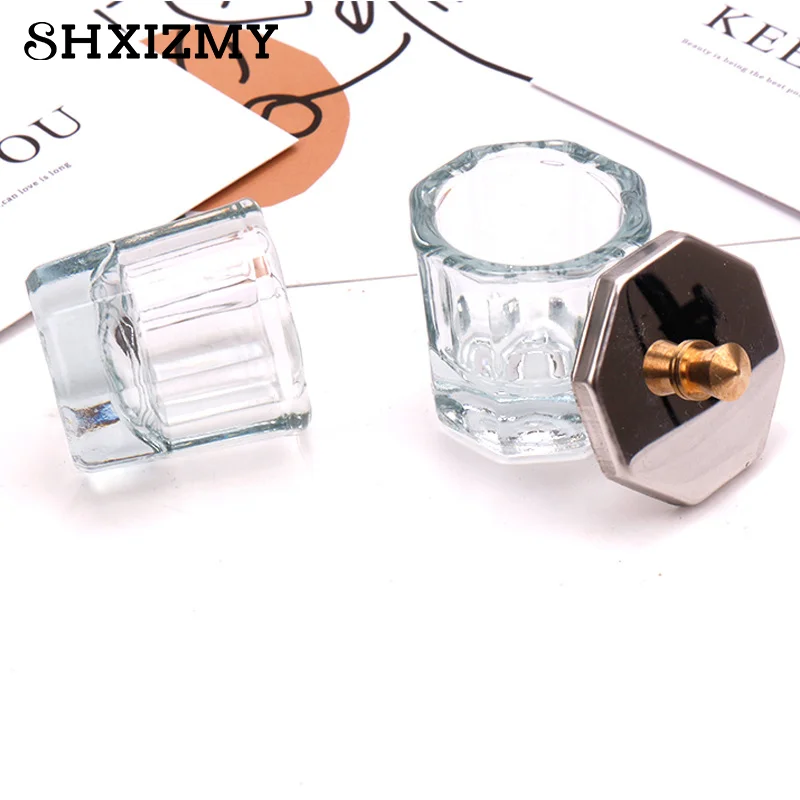 Dikke Glazen Kristal Dappen Schotelbeker Met Achthoek Metalen Deksel Nail Art Tools Nail Acryl Monomeer Container Vloeistof