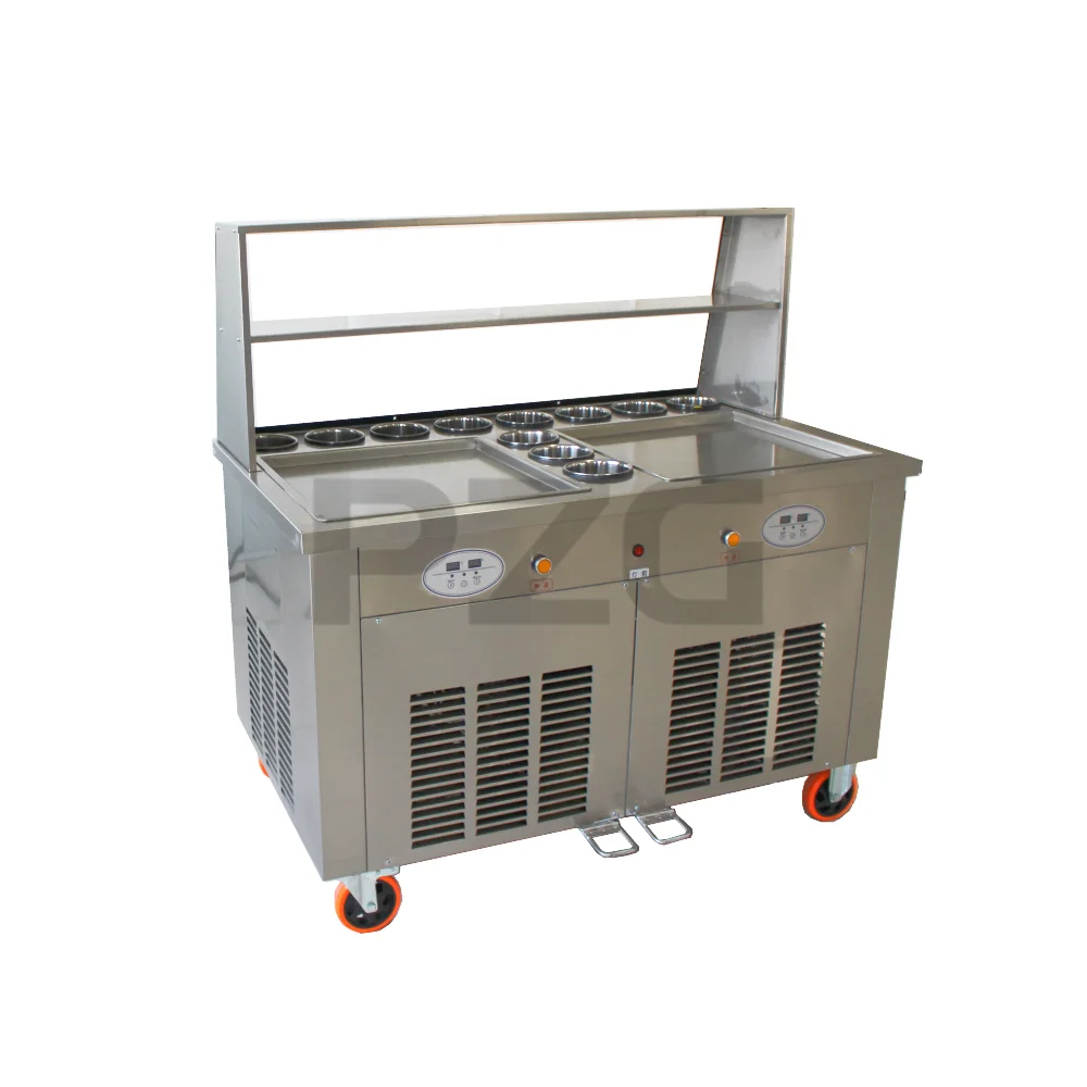 110V 220V Commercial S.S. Fried Ice Cream Roll Machine Double Pans Freezer Ice Pan Machine With 11 Topping Tanks