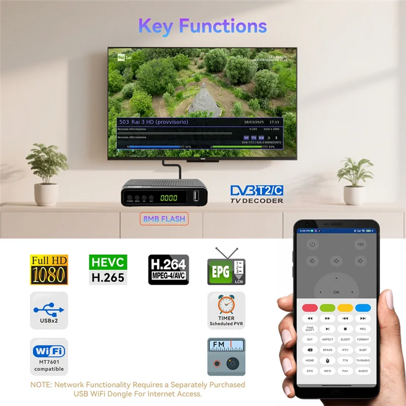 Decodificatore DVB-T2 H. 265 Supporto Digitale Terrestre Mini Ricevitore DVB-T2 SET TOP BOX Spina UE terrestre digitale