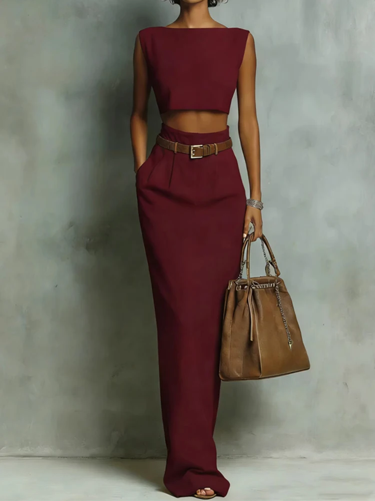 

Женский повседневный комплект из 2 предметов: элегантный топ без рукавов с круглым вырезом и длинная юбка с карманами в стиле High Street. Модный комплект из топа и юбки.