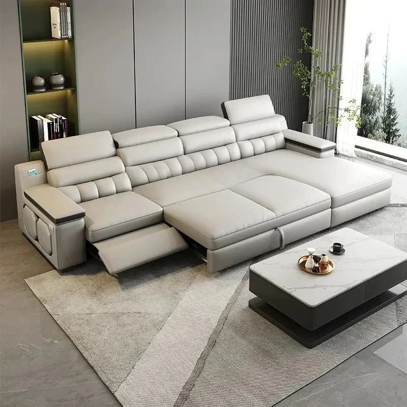 A newFirst Class Top Layer Leather Electric Multifunctional Retractable Sofa Bed Dual-Use Living Room Sofa