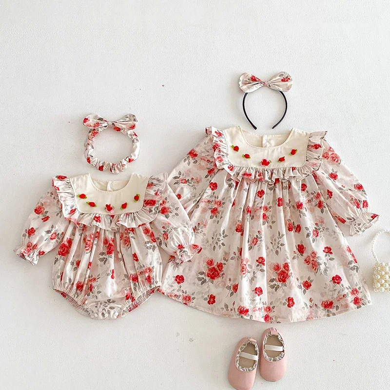 2026 New Spring 2-7Yrs Girl Party Dress Long Sleeved Cotton Printed Splicing Kids Princess Dresses Baby Girl Romper Sister Dress