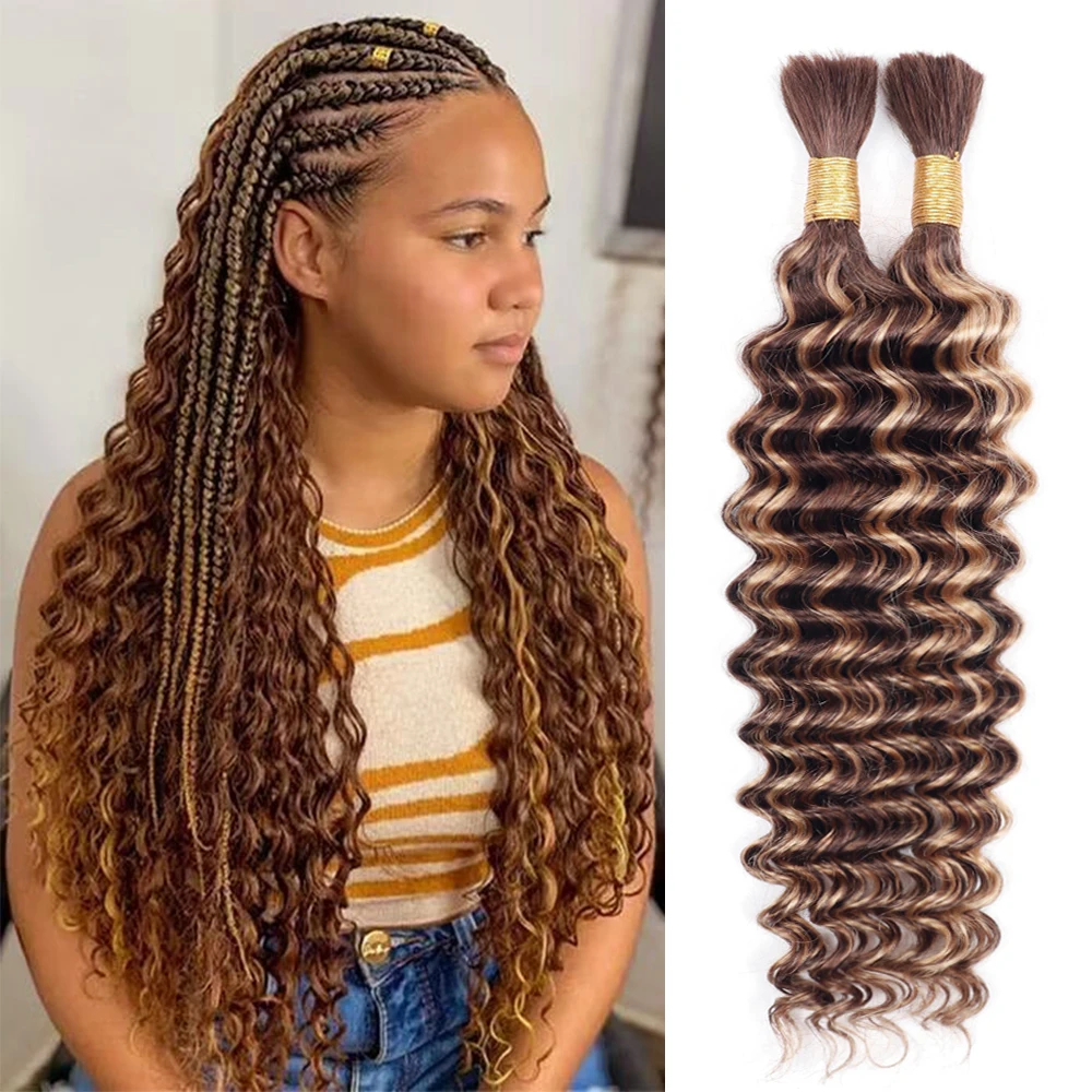 

16-28 Inch 4/27 Colored Highlight Deep Wave Double Bulk Human Hair For Braiding 100% Remy Water Curly Wave Human Hair Extensions