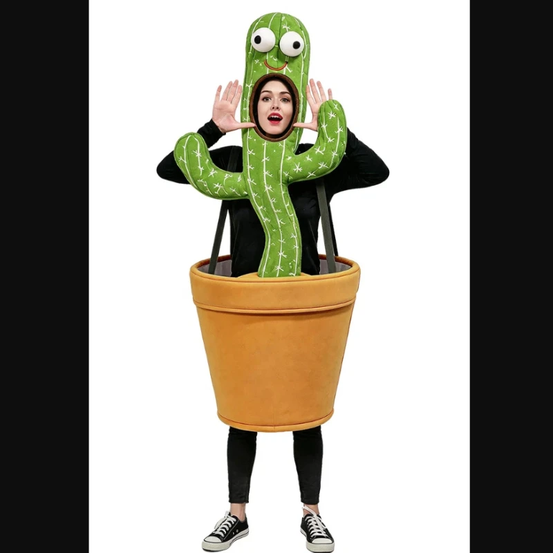 Novelty Green Cactu Plant Pot Costume Funny Cartoon Mascot Outfit Unisex Halloween Carnival Parade Cosplay Stage Show Fancy Suit