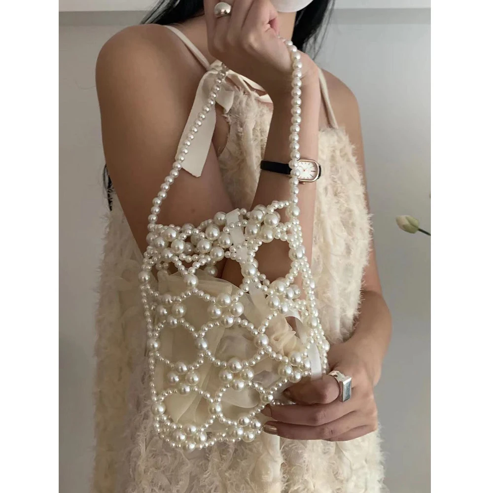 

Handmade Beads Pearls Bags for Women Luxury Beading Evening Clutch Hollow Handbags Woven Party Wedding Shoulder Bag Purses Tote