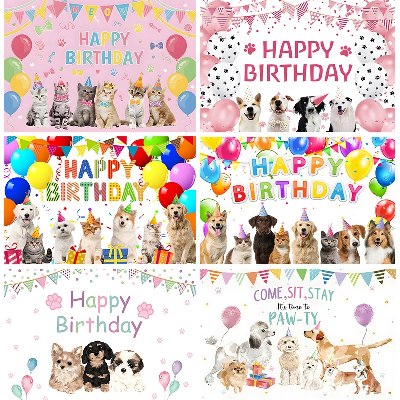 

Pink Dogs Cats Backdrop Baby Girls Happy Birthday Kids Cute Pets Puppy Paw Party Photo Background for Photography Decor Props