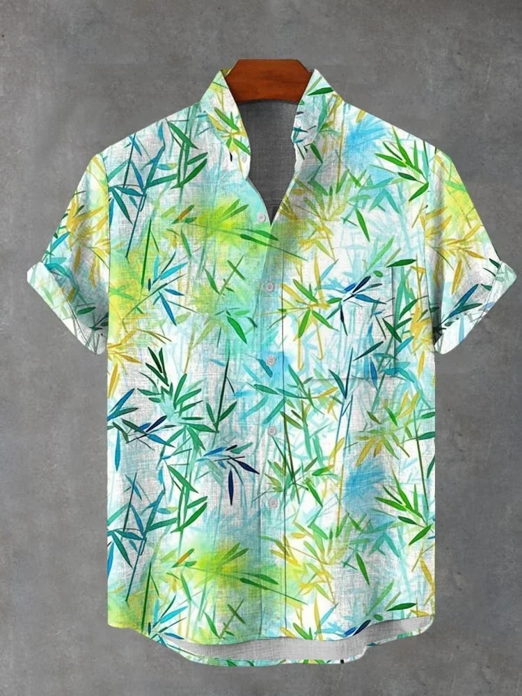 Watercolor Green Bamboo Leaves Printing Breast Pocket Cotton Linen Short Sleeve Shirt  Loose Versatile Casual Sports Summer Men