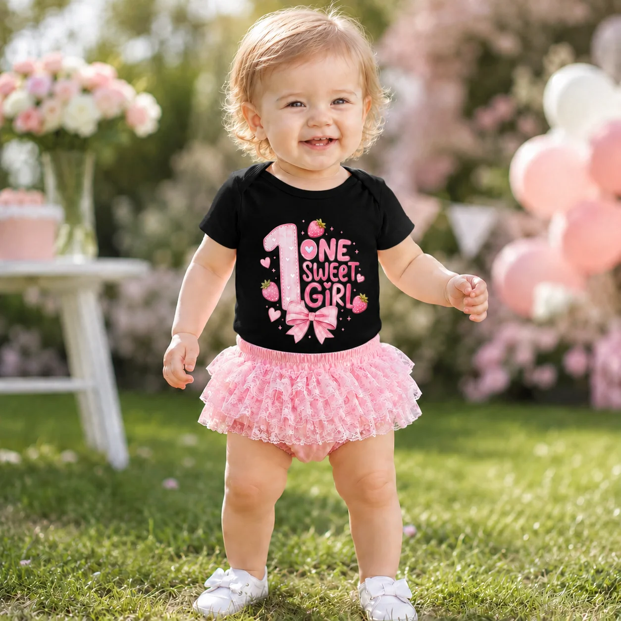 2Pcs Baby Girl First Birthday Outfit One Sweet Girl Strawberry Bow Print Short Sleeve Bodysuit Pink Ruffle Lace Tutu Skirt Toddl