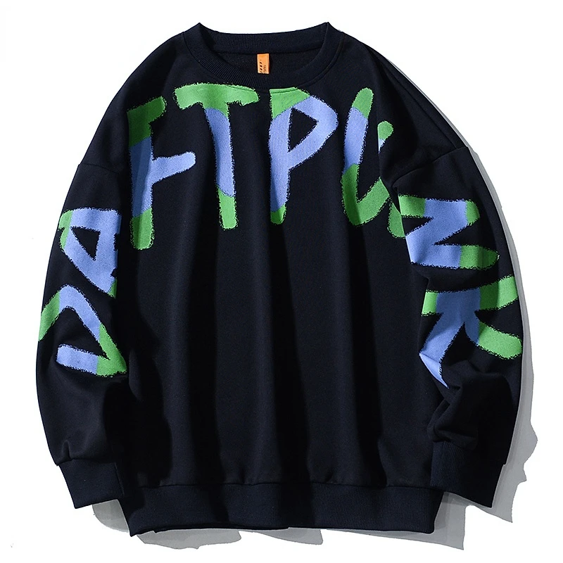 

Graffiti Letter Sweater Men's Harajuku Style Contrast Color Long Sleeved Top Hoodless Round Neck Large Loose Casual Coat