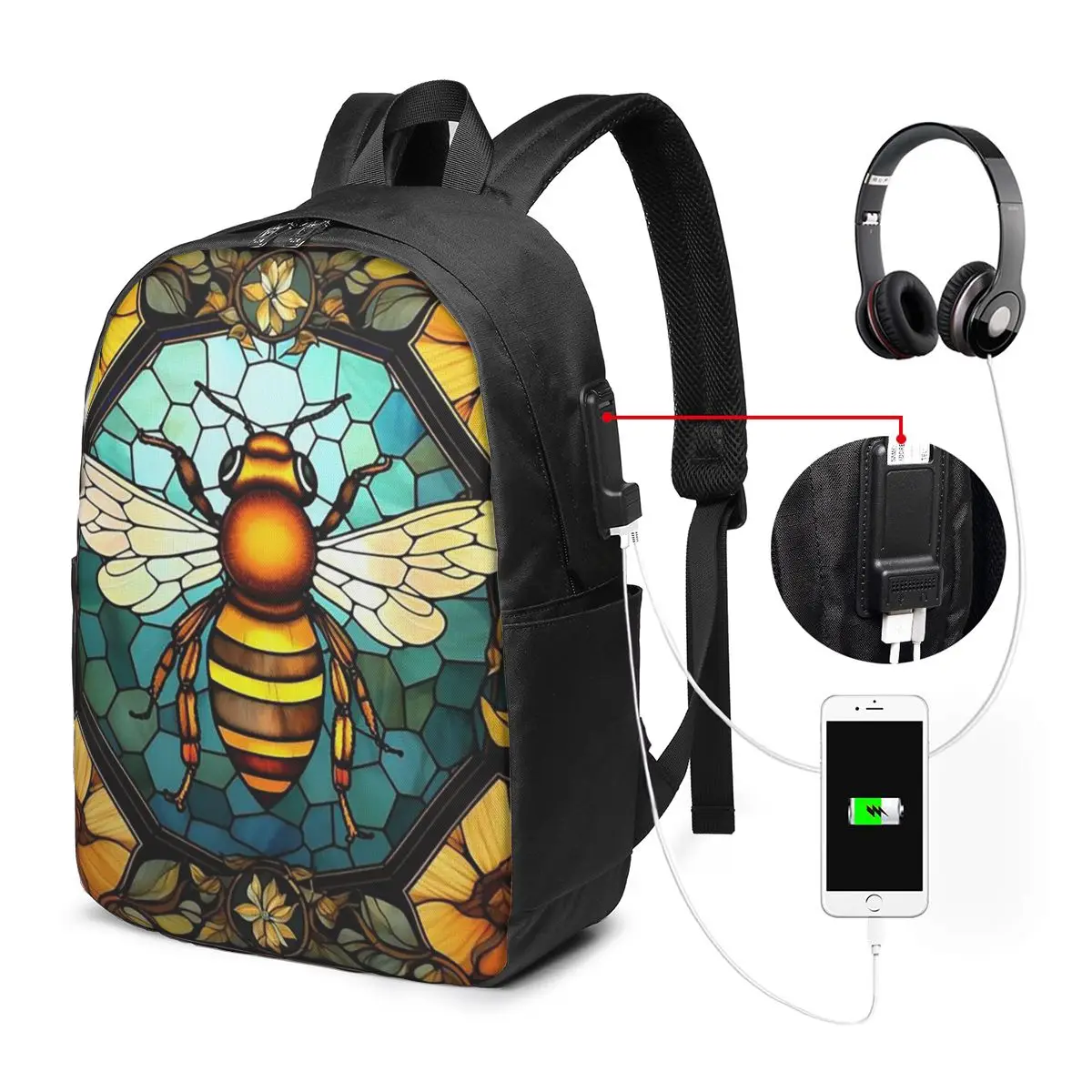 Bee With Wing Glass Art Backpack Travel Notebook Bag Computer College Student School Bag Laptop Shoulder Bags for Men Women