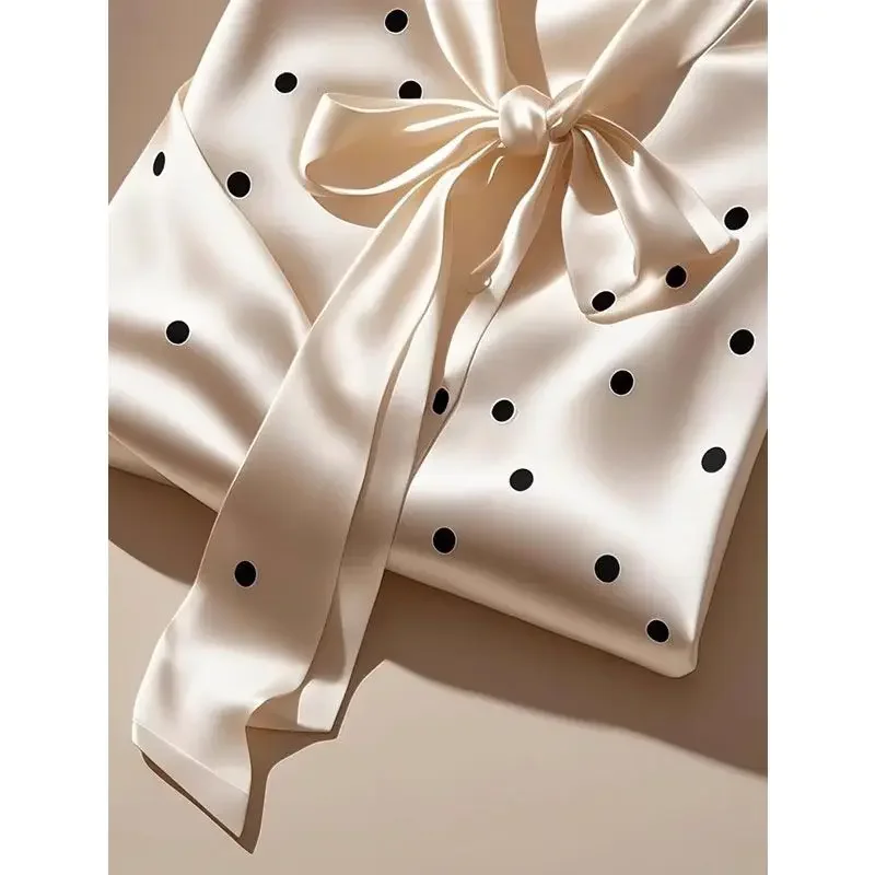 Elegant French Women High Quality Satin Polka Dot Print Shirt Office Lady Casual  Chic Blouse Lace-up Bow Long Sleeve Loose Tops