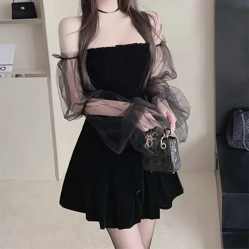 

2025 New Dress Women Thin Mesh Slash Neck Dresses Long-sleeved Black Woman Chiffon Dress Undefined