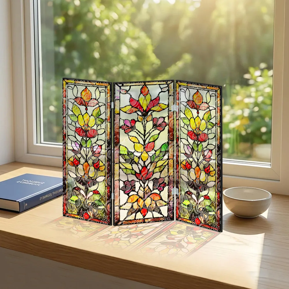 Painted Acrylic Folding Screen Table, Begonia Pattern Translucent Screen Decorative Painting Entrance Counter Tabletop Ornaments