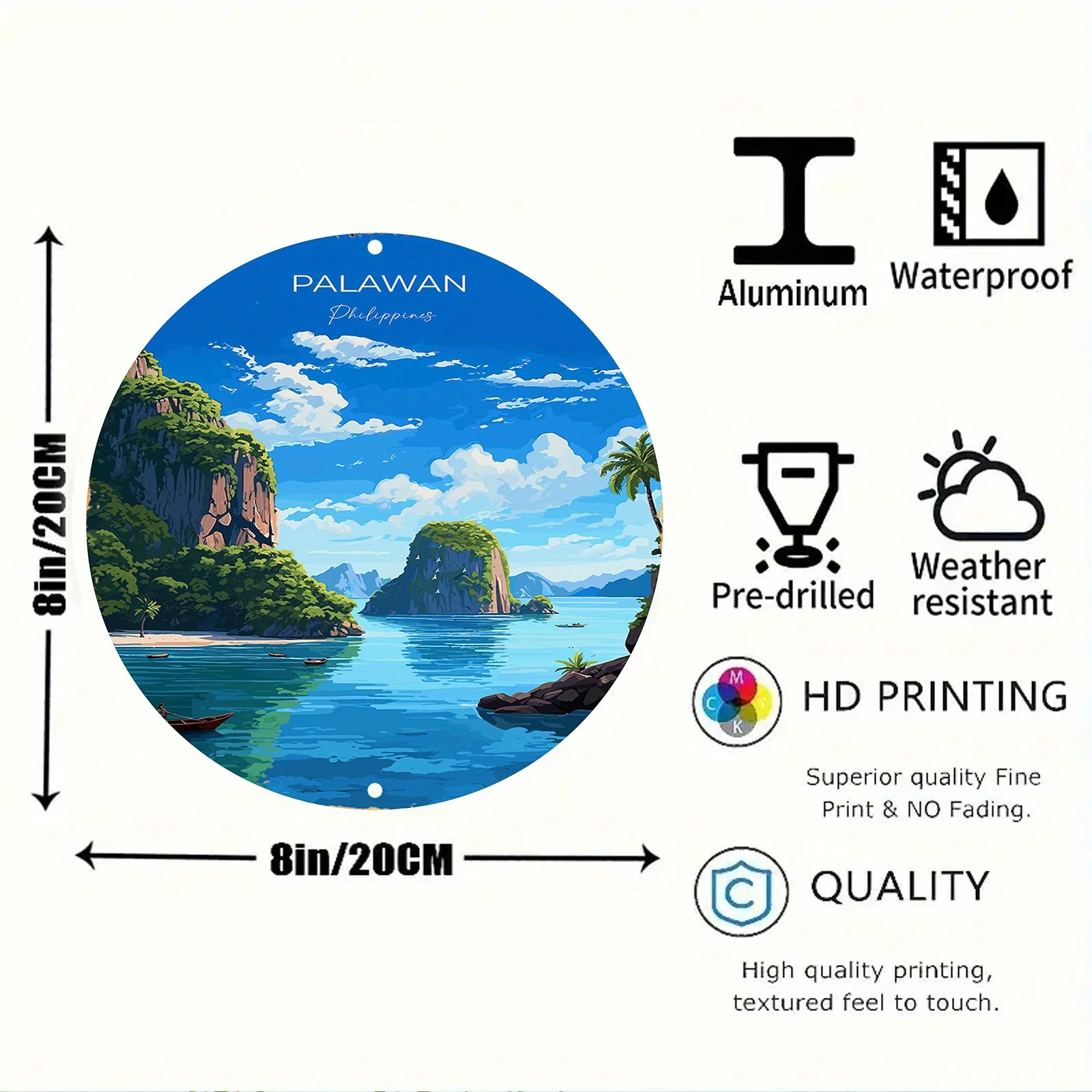 Palawan Philippines 2D Print Aluminum Metal Sign - 1pc 8x8 Inch Circular Wall Art, Scratch & UV Resistant, Pre-Drilled, HD Print