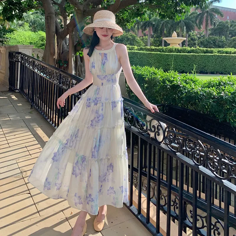 Robe de plage française élégante pour femmes, imprimé floral, style Boho, longue, taille haute, à volants, été