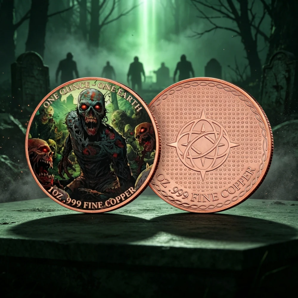 1oz .999 Fine Copper Zombie Commemorative Coin One Earth Horror Color Print Challenge Coin Collectible Gift for Halloween Fans