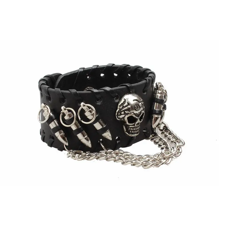 2023 New Vintage Rock Punk Genuine Leather Bracelet Pulseira Mujer Male Bangles Skull Stud Charm Bracelet for Women Men Jewelry