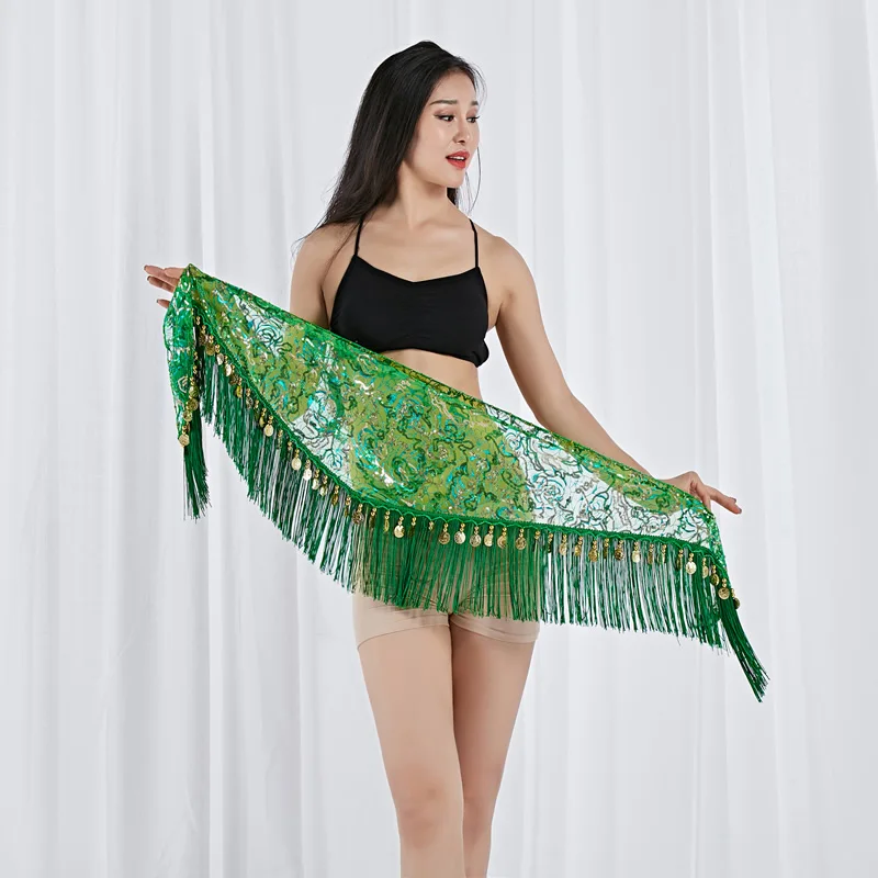 New Belly Dance Hip Scarf Triangle Mesh Diamond HipTowel Multi Layer Tassel Beaded Waist Chain Group Versatile Practice