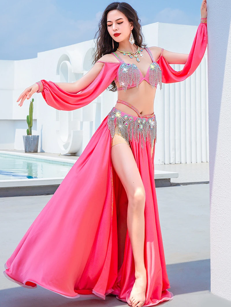 Women Belly Dance Performance Dress Long Sleeve Dancewear Diamond Slit Large Swing Satin Fringe Skirt with Chain Competition Set