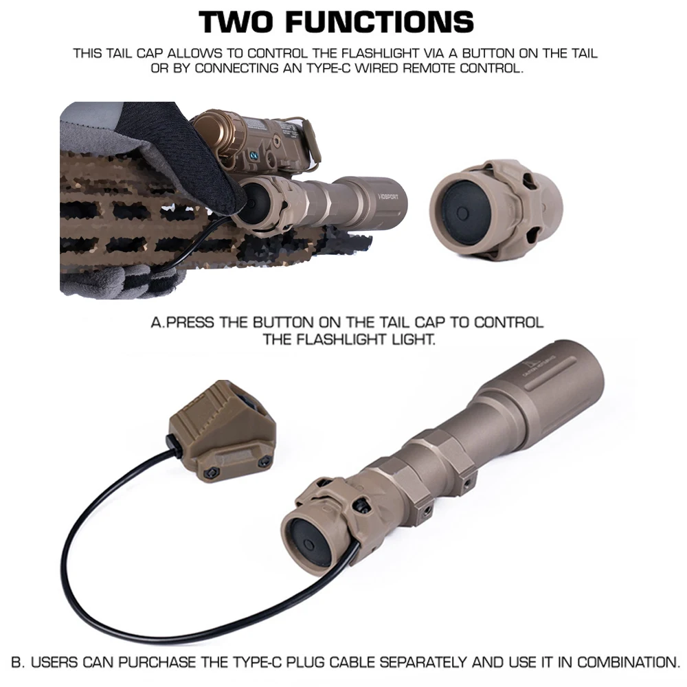TYPE-C Flashlight Tail Cap for Surefir M300 M600 Scout Light wit AXON MOD Wire Switch PEQ15 Dual Function Remote Pressure Switch