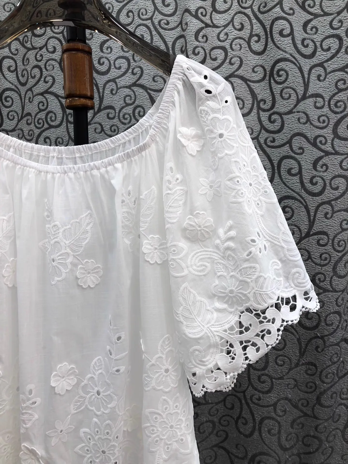 100% couverture en coton 2025 été mode blanc bleu Blouses dame Sexy Slash cou Crochet dentelle broderie à manches courtes hauts courts