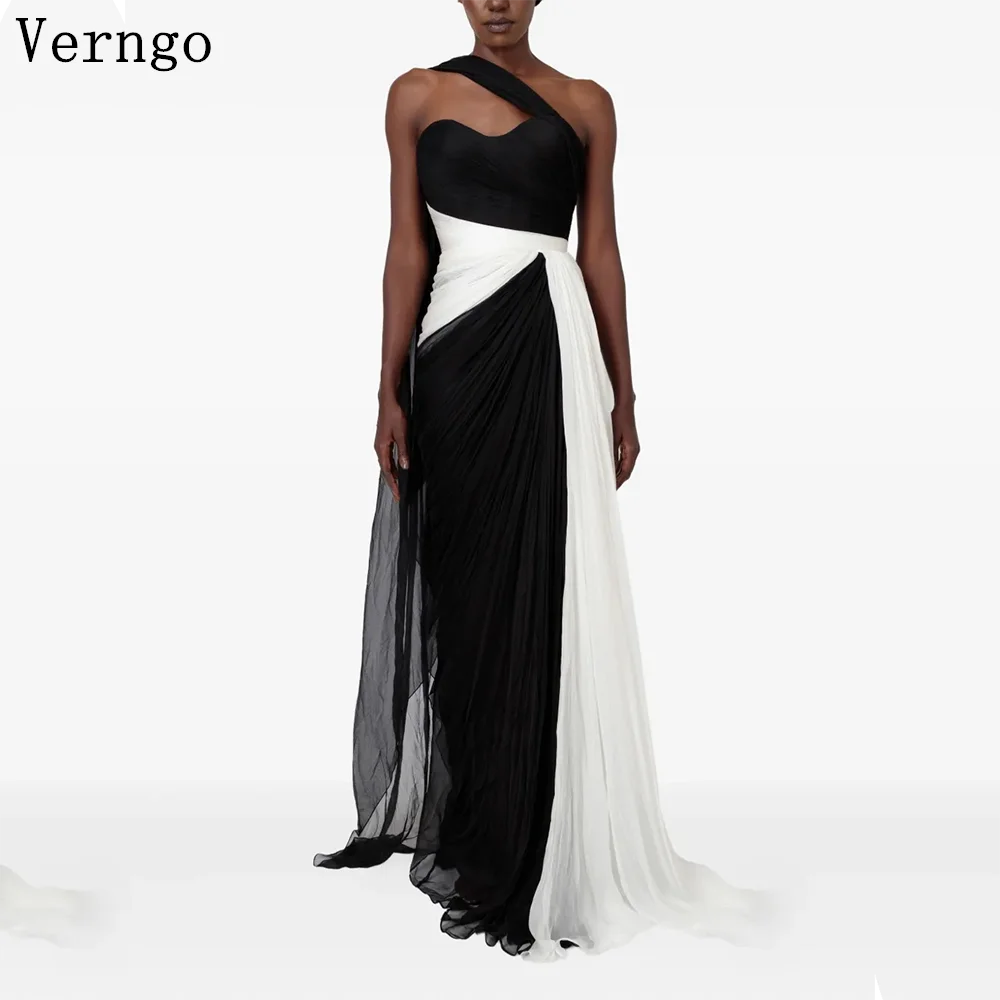 

Verngo Black White Evening Dress Elegant Strapless A Line Prom Dress Flowing Hand-pleated Silk Prom Party Dress Customized
