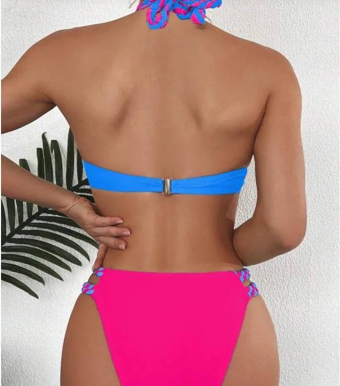 Bikini de Color liso para mujer, traje de baño para vacaciones en la playa con trazador de acero, novedad