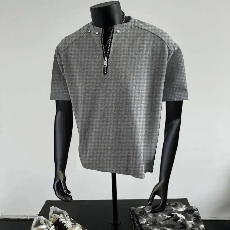 Summer Retro Rivet Half-Zip Short Sleeve Men's Clean Fit High-End Swagger Trendy Brand T-Shirt Top