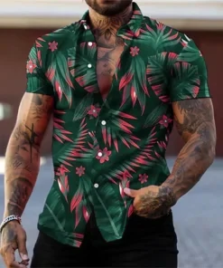 Men's Hawaiian Short Sleeve Shirt Black Golden Tropical Leaf Floral Print chic Casual Summer Beach Daily Top