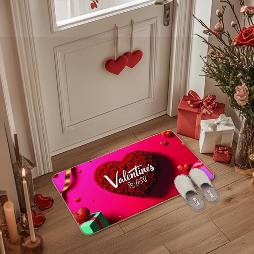 Weaving Texture Valentine Day Floor Mat Quick Dry Beautiful Romantic Heart Anti Slip Mat Convenient Soft Rose Door Mat Entryway