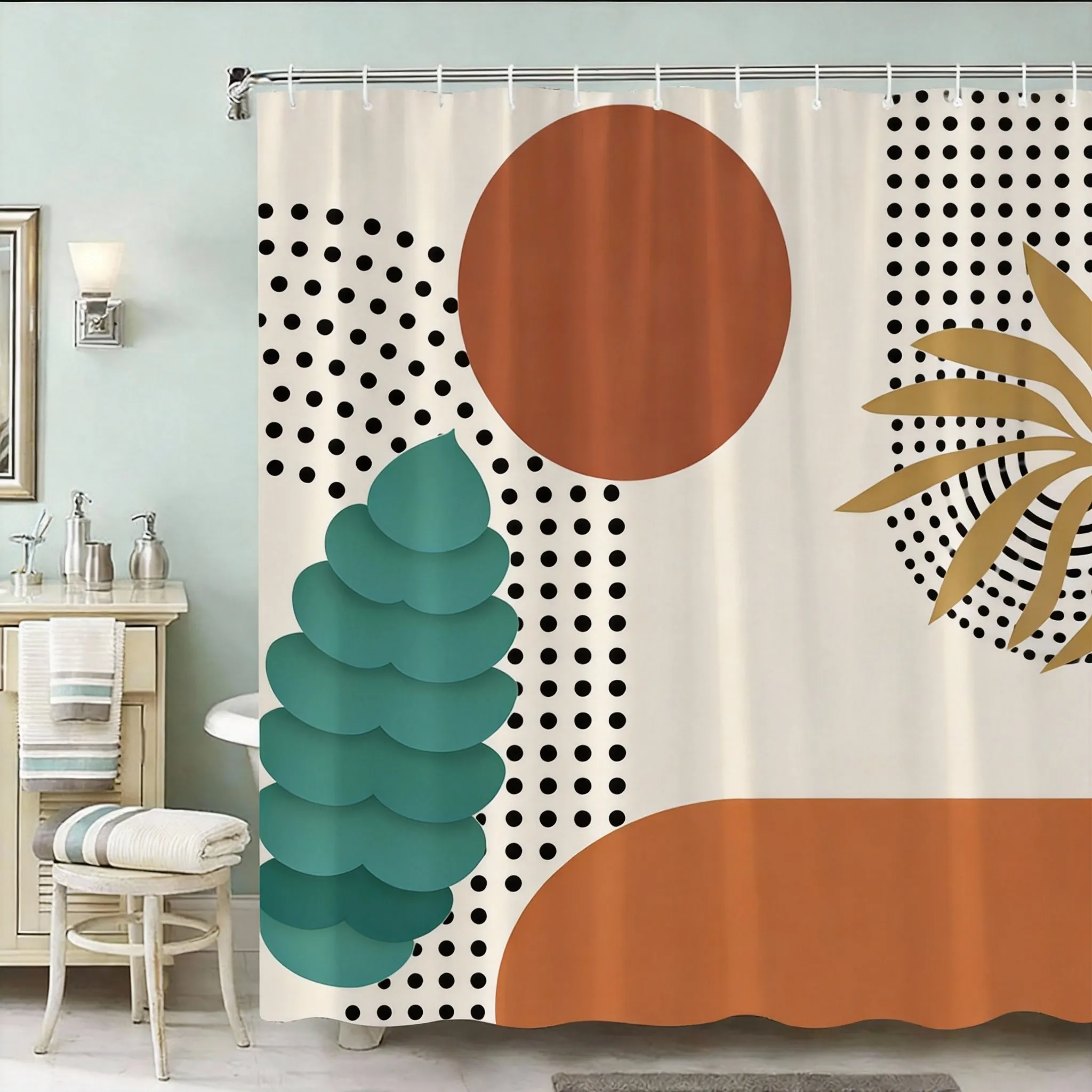 

Geometric Plant Shower Curtain 180x180cm – Burnt Orange Circle with Green Leaves, Modern Art Bathroom Decor, 12 Hooks