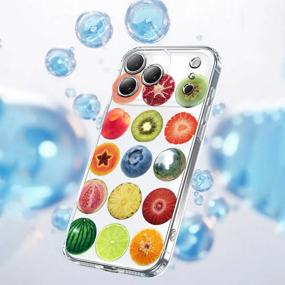 Etui na telefon iPhone 17, 16, 15, 14, 13, 12, 11 Plus, Pro, Max, Plus, E, SE4, Air, Mini, przezroczyste, letni wzór owocowy, kolaż.