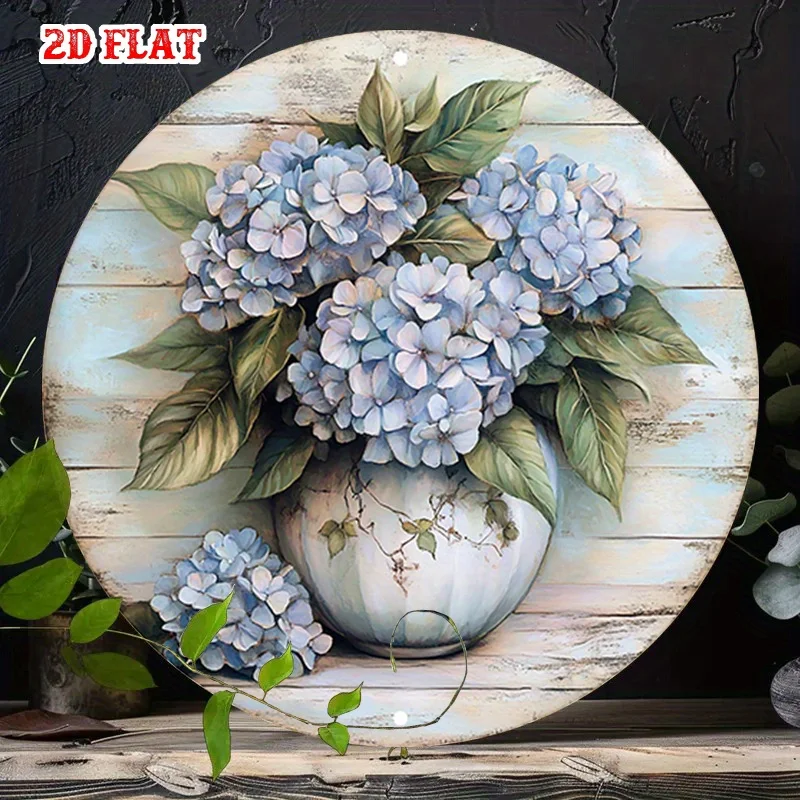 1pc Vintage Blue Hydrangea Metal Wall Art – Round 2D Flat Decor with White Vase & Green Leaves, Rustic Aluminum Sign for Home,