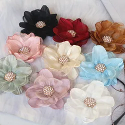 10Pcs 9CM Organza Chiffon Fabric Flower Rhinestone Center Handmade DIY Artificial Flower Dress Headwear Hairpin Shoes Decoration