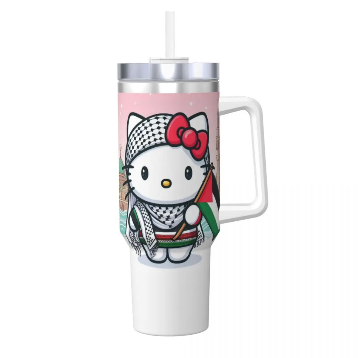 

Hello Kitty Palestined Шарф Флаг Стакан из нержавеющей стали Дорожные автомобильные кружки 40 унций Термочашки Сохранение тепла Бутылка для горячих напитков