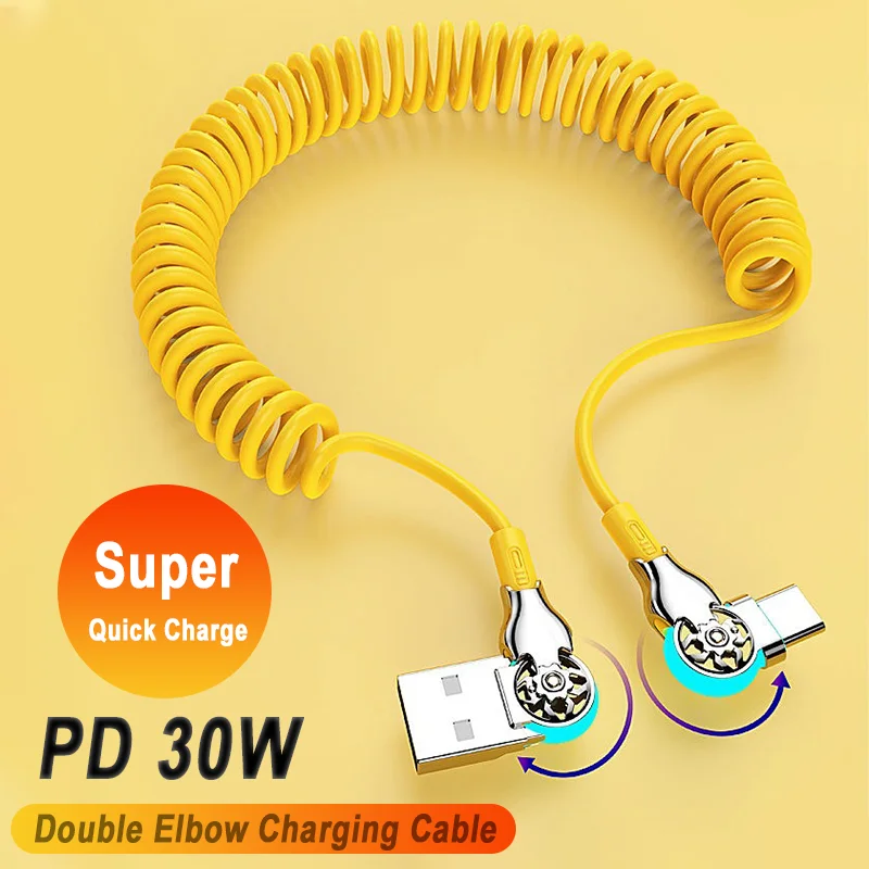 PD 30 W einziehbares Schnellladekabel, 180-Grad-Winkeldrehung, USB A auf Typ C-Kabel mit geflochtenem Datenkabel aus leichtem Zinklegierung