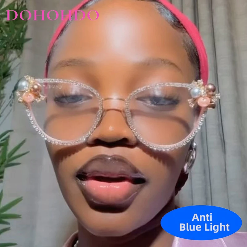 Luxury Brand Designer Rhinestone Cat Eye Vintage Optical Glasses Women Metal Blue Light Blocking Glasses Fashion Trendy Glasses