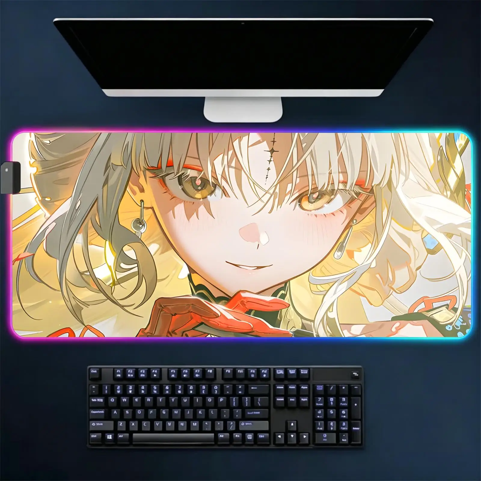 Mouse Pad RGB Color Changing Gaming Mouse Pad,  Wuthering Waves Suisui Stitched Edges, XXL Large Keyboard Desk Mat
