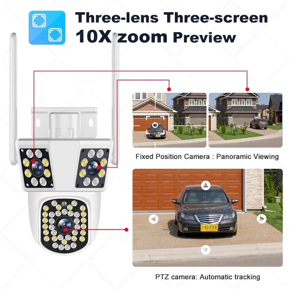 WiFi Camera Outdoor 10X Zoom 6K 12MP Three Screens Auto Tracking PTZ Monitor Security Protection CCTV Video Surveillance