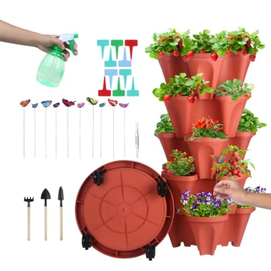 

Stackable Planter Vertical Strawberry Planter with Garen Tool Set Self Watering Garden Planter Indoor/Outdoor 5 Tier Herb Plant