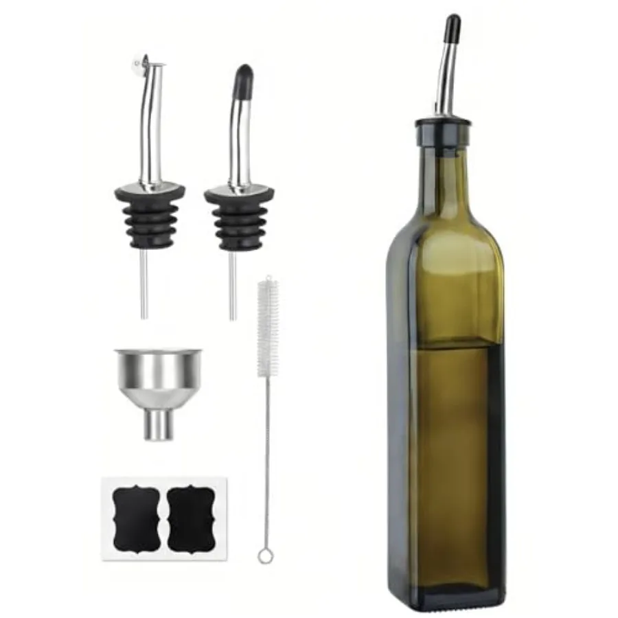 Botella Dispensadora de Aceite de Oliva, 1 Pieza, Juego de Dispensador de Aceite y Vinagre de Vidrio Verde con 2 Vertedores de Acero Inoxidable, 2 Etiquetas, 1 Cepillo