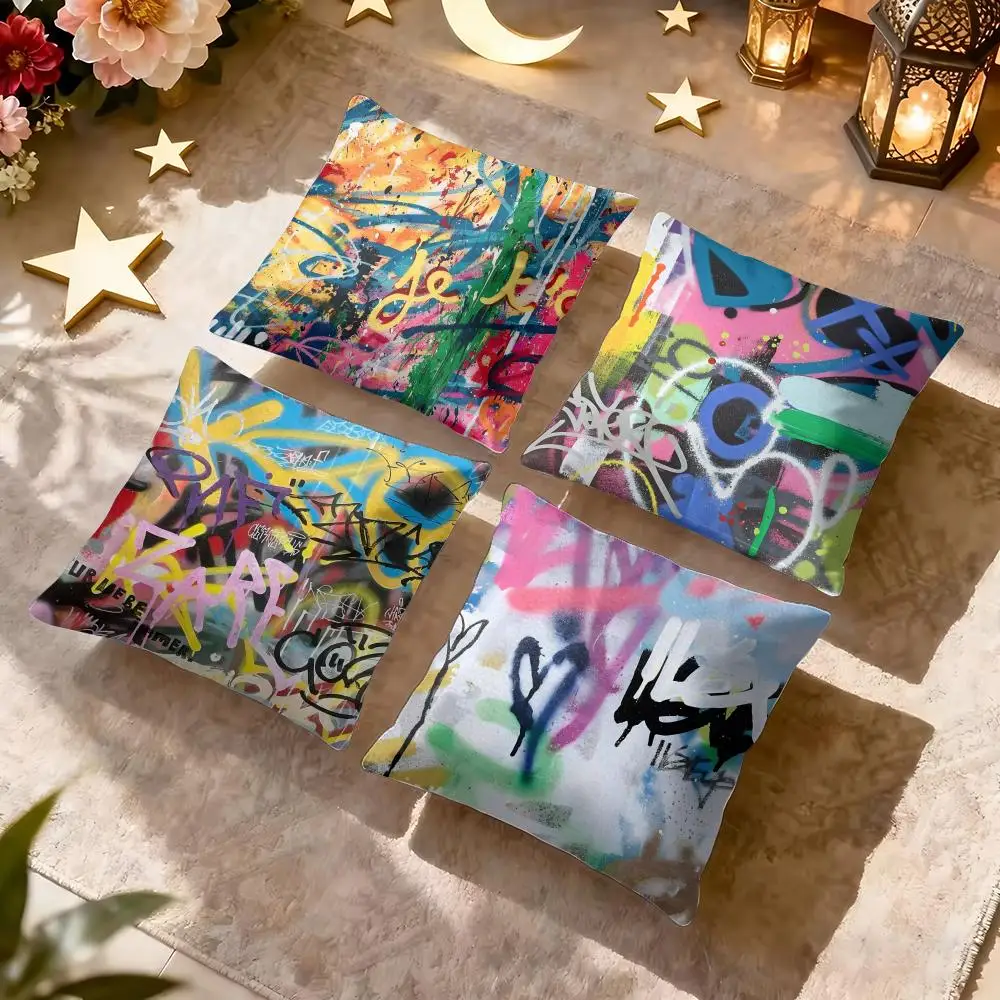 Graffiti Street Art Cushion Cover Soft Short Plush Pillow Cover Smooth Cozy Texture Aesthetic Cushion Case Home Decor
