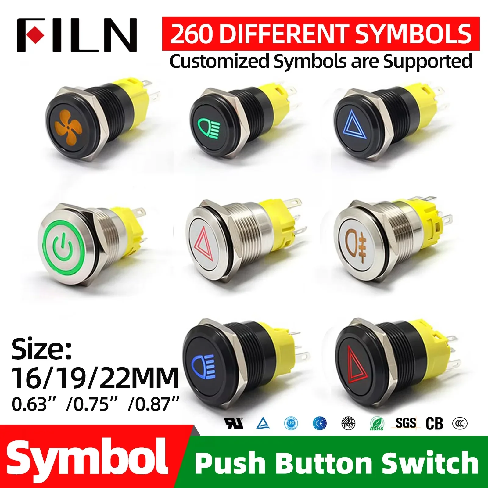 FILN 12V 16/19/22mm Metal Push Button Switch Symbol Warning LED ON/OFF Industrial Control Car Modification & Marine Equipment
