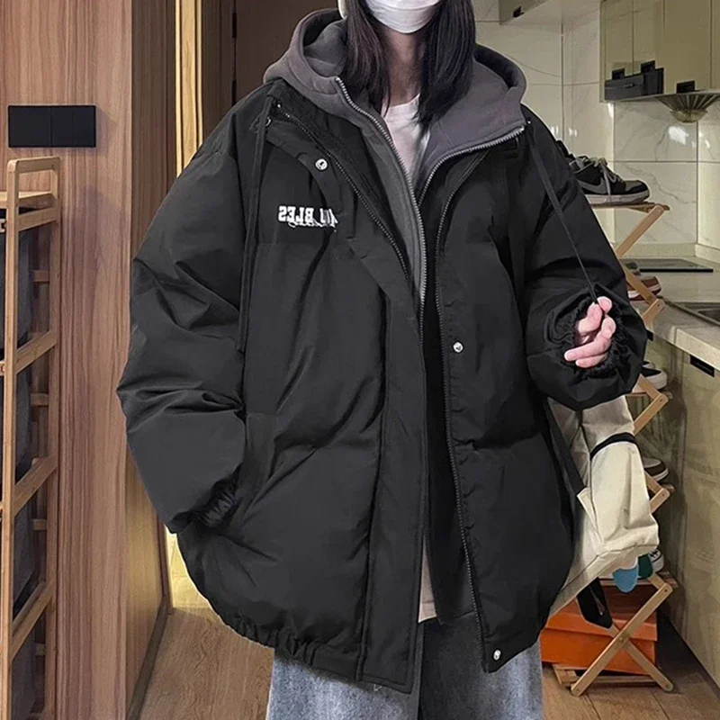 High Street Winter Parkas Women Korean Oversize Vintage Casual Loose Letter Solid Puffy Coats Lady Hooded New Thick Warm Outwear