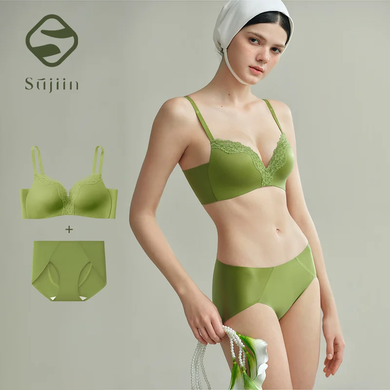 SUJIIN Push Up Small Chest Bras Sets for Women Summer Sexy Lace Plunge No Underwire Supportive Bra and Panty Female MX322+N194